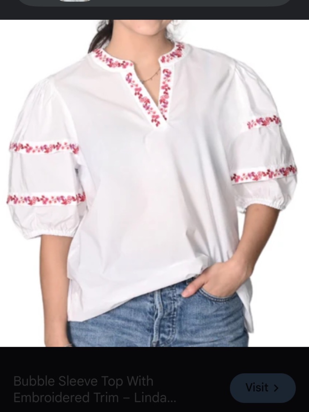 White Embroidered Bubble-Sleeve Blouse with Pink Trim - Picture 1 of 6